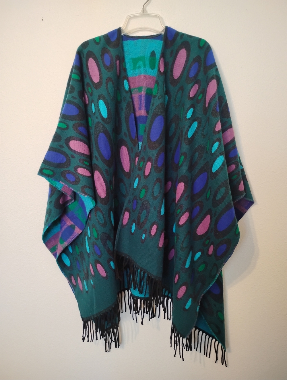 Reversible Multicolor Abstract Striped Dotted Fringe Shawl Poncho
